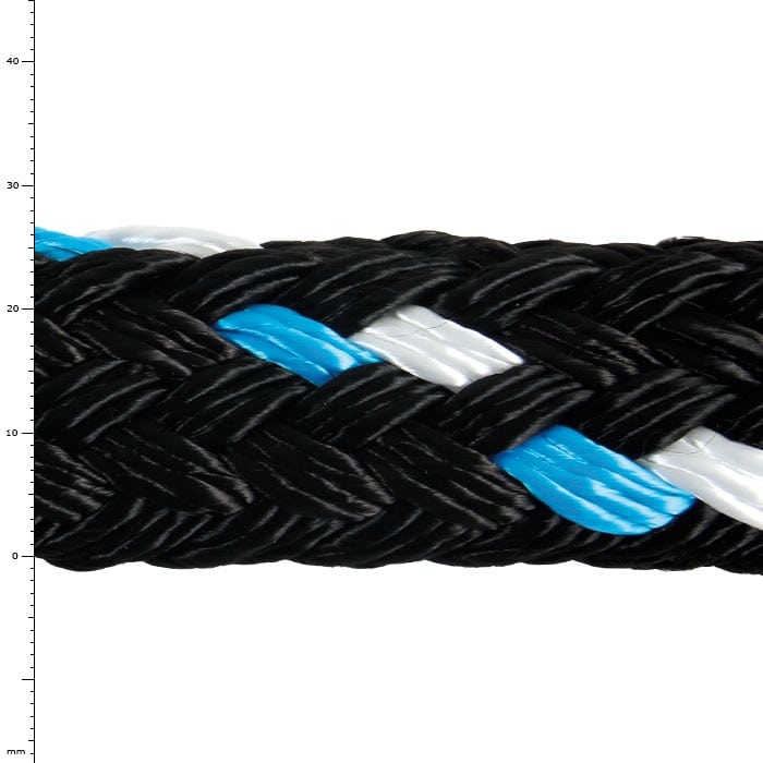 GEFA 8 t PA blau Seil in Schwarz mit blauen und weißen Fasern, Nahaufnahme