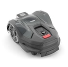 Grauer Husqvarna 310E Nera Mähroboter von oben mit rotem Stop-Knopf und Husqvarna-Schriftzug