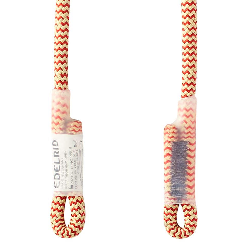 Nahaufnahme der Schlaufenenden des Tibor Open Seils von Edelrid, links mit Herstelleretikett, rechts mit grauem Schutzüberzug