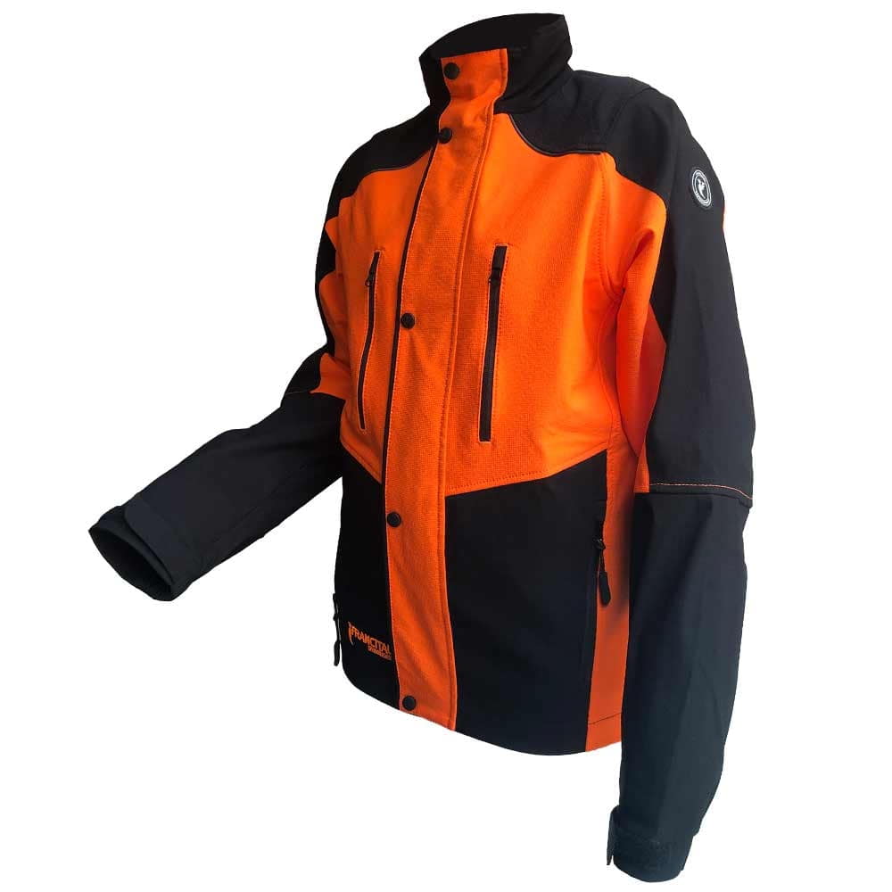 Herma Jacke von Francital in orange und schwarz, Seitenansicht mit hochgestelltem Kragen und Reißverschlusstaschen