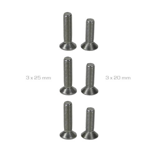 Quickstep Spurs von Arbpro, sechs silberne Schrauben unterschiedlicher Länge, beschriftet mit 3 x 25 mm und 3 x 20 mm