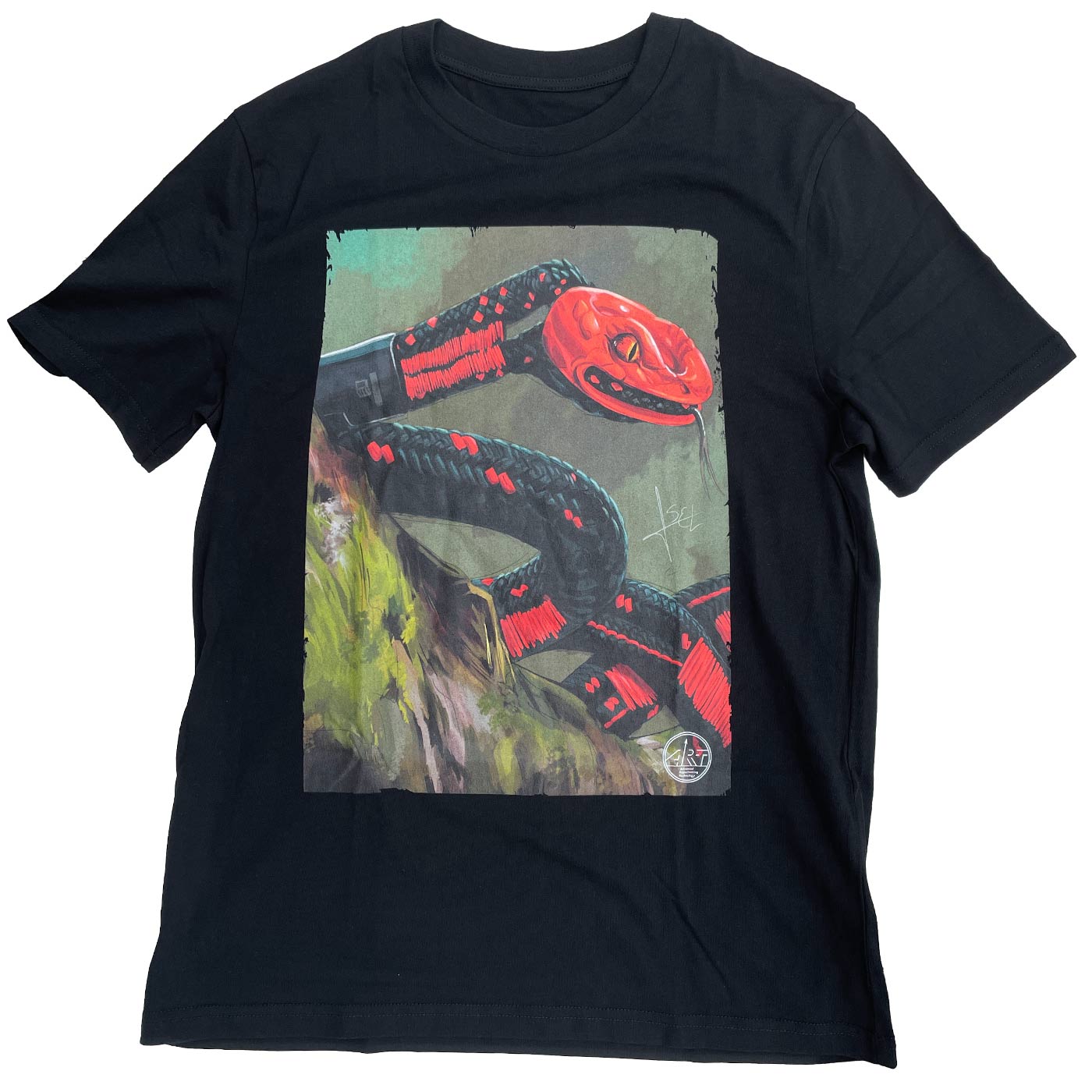 Schwarzes ART Snake Shirt mit großem, farbigem Schlangendesign vorne, Hersteller ART