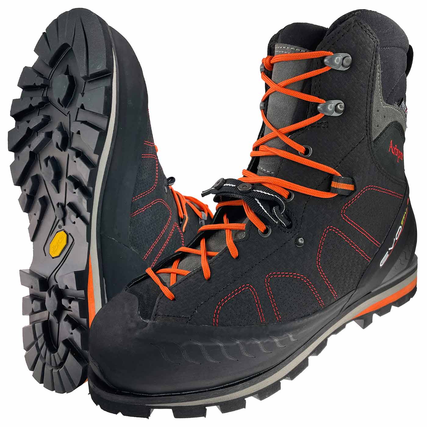 Evo Safety Schuh in Schwarz mit orangefarbenen Schnürsenkeln, Profilsohle und roten Nähten, Herstellername nicht sichtbar