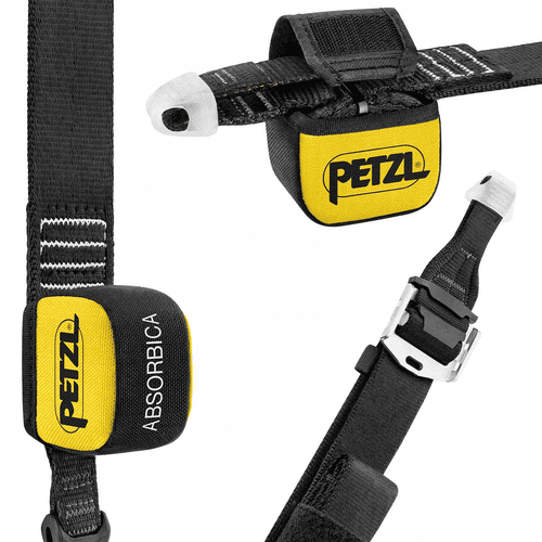 Nahaufnahme des Absorbica-I Vario von Petzl mit gelbem Etikett, schwarzem Band, Klettverschluss und silberner Schnalle