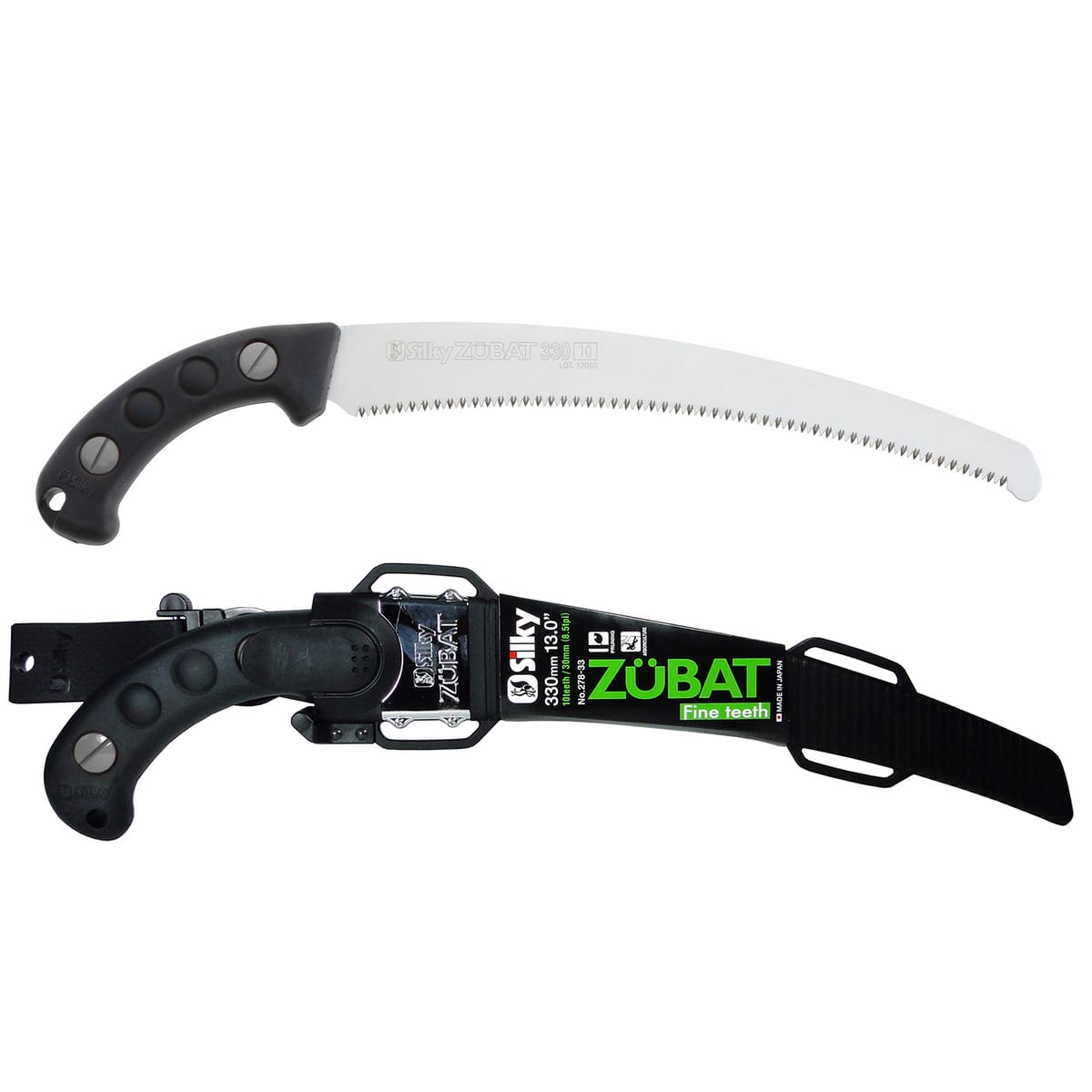 Silky Zübat 330-10 Handsäge mit gebogenem Sägeblatt und schwarzem Griff, inklusive schwarzer Schutzhülle mit grünem Aufdruck