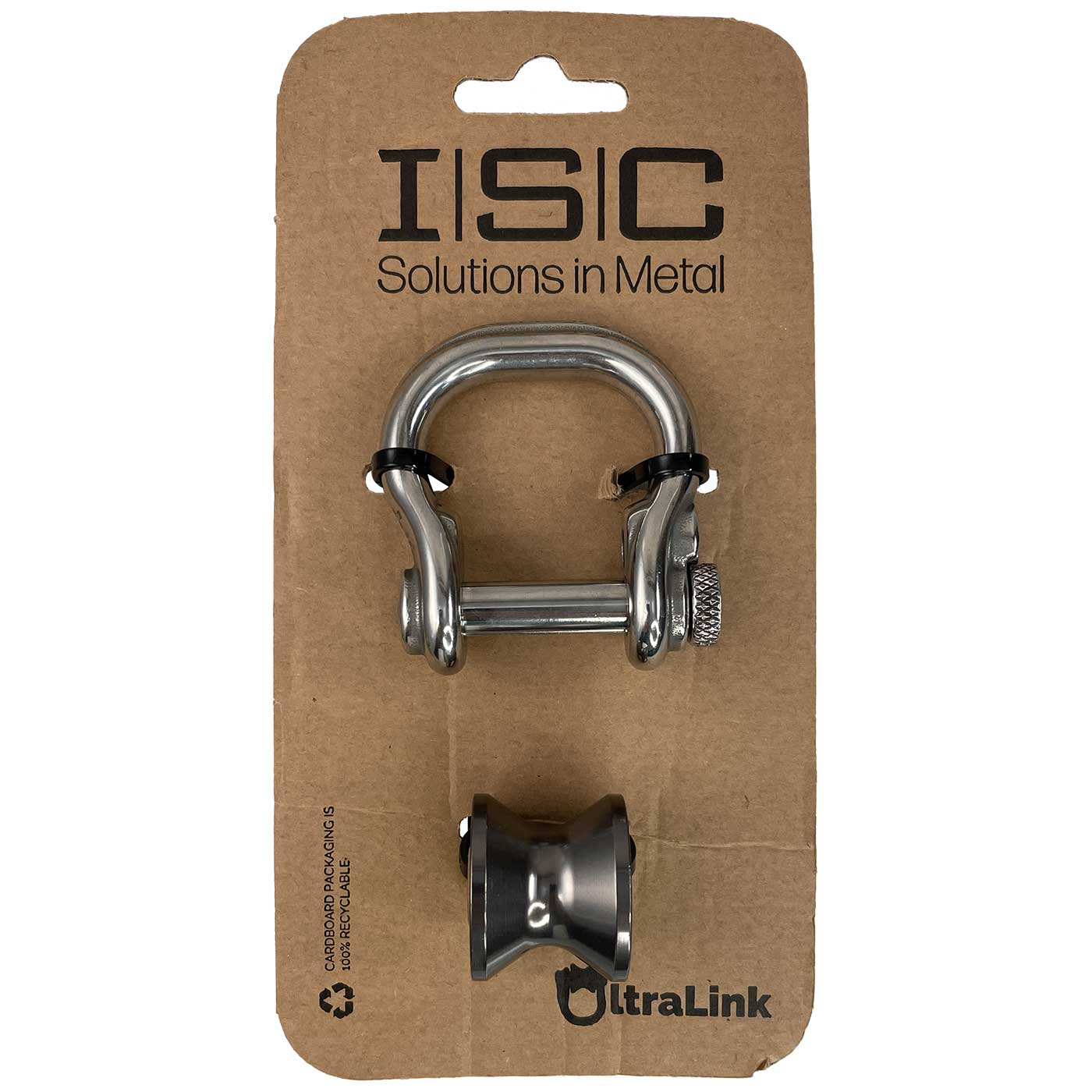 Ultra Link Large von ISC, verpackt auf brauner Pappe mit schwarzem ISC-Logo und UltraLink-Logo, silberner Schäkel und grauer doppelter Seilrollenaufsatz