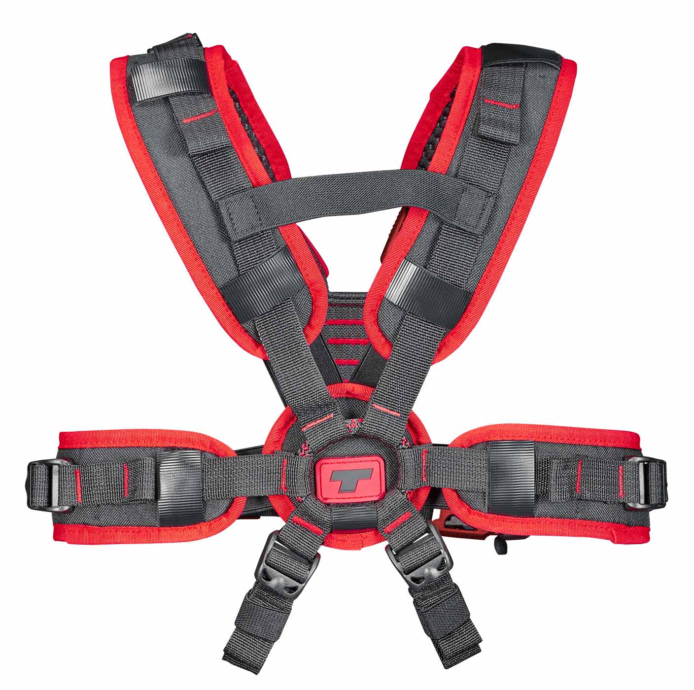 upMOTION SRT, Rückseite des schwarzen und roten Klettergurts mit Schnallen und einem roten Logo in der Mitte