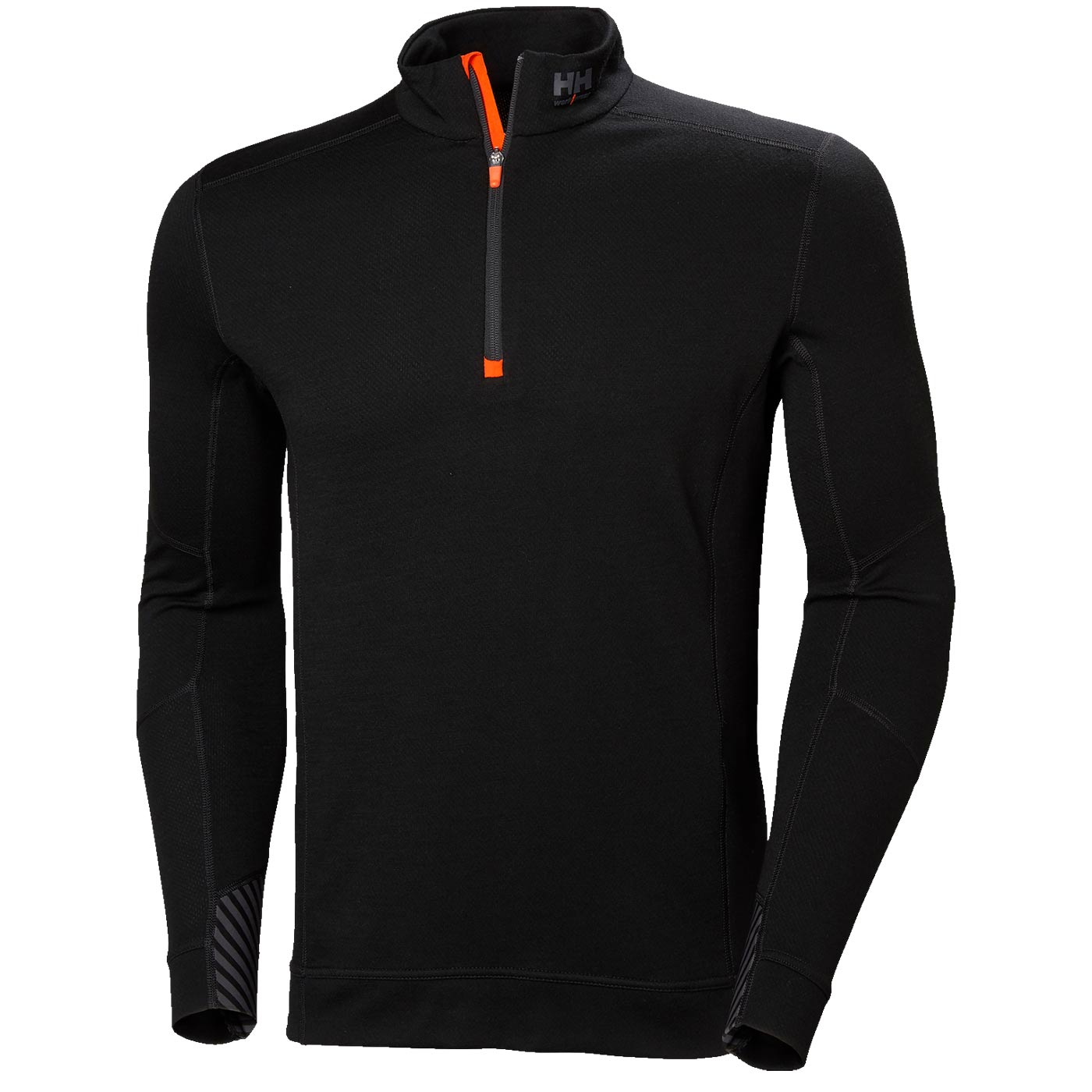 LIFA Merino Half Zip von Helly Hansen, langärmliges Oberteil in Schwarz mit kurzem Reißverschluss und orangen Akzenten vorne