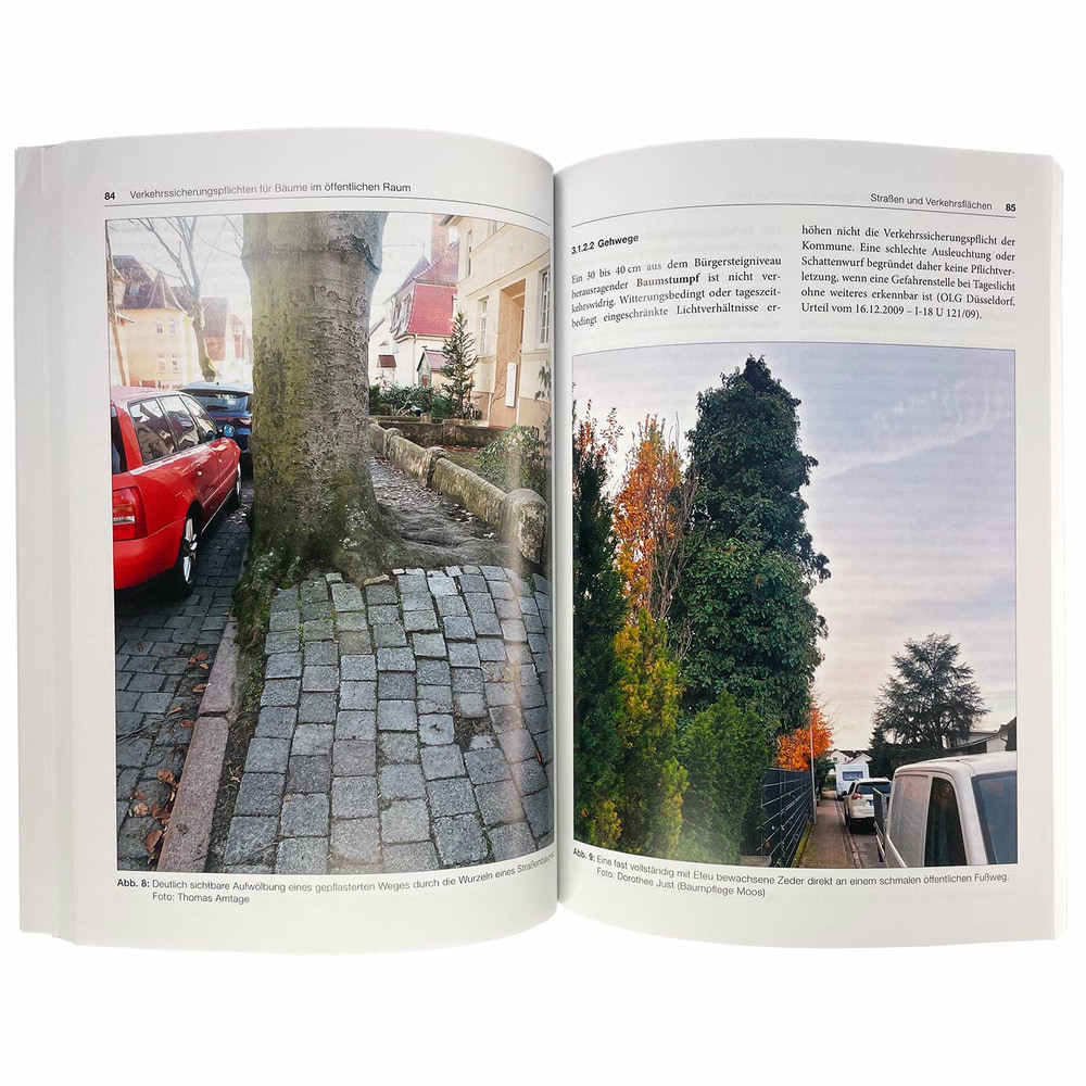 Offenes Buch Verkehrssicherungspflicht bei Bäumen mit Fotografien von Bäumen an Gehwegen und Text auf den Seiten 84 und 85