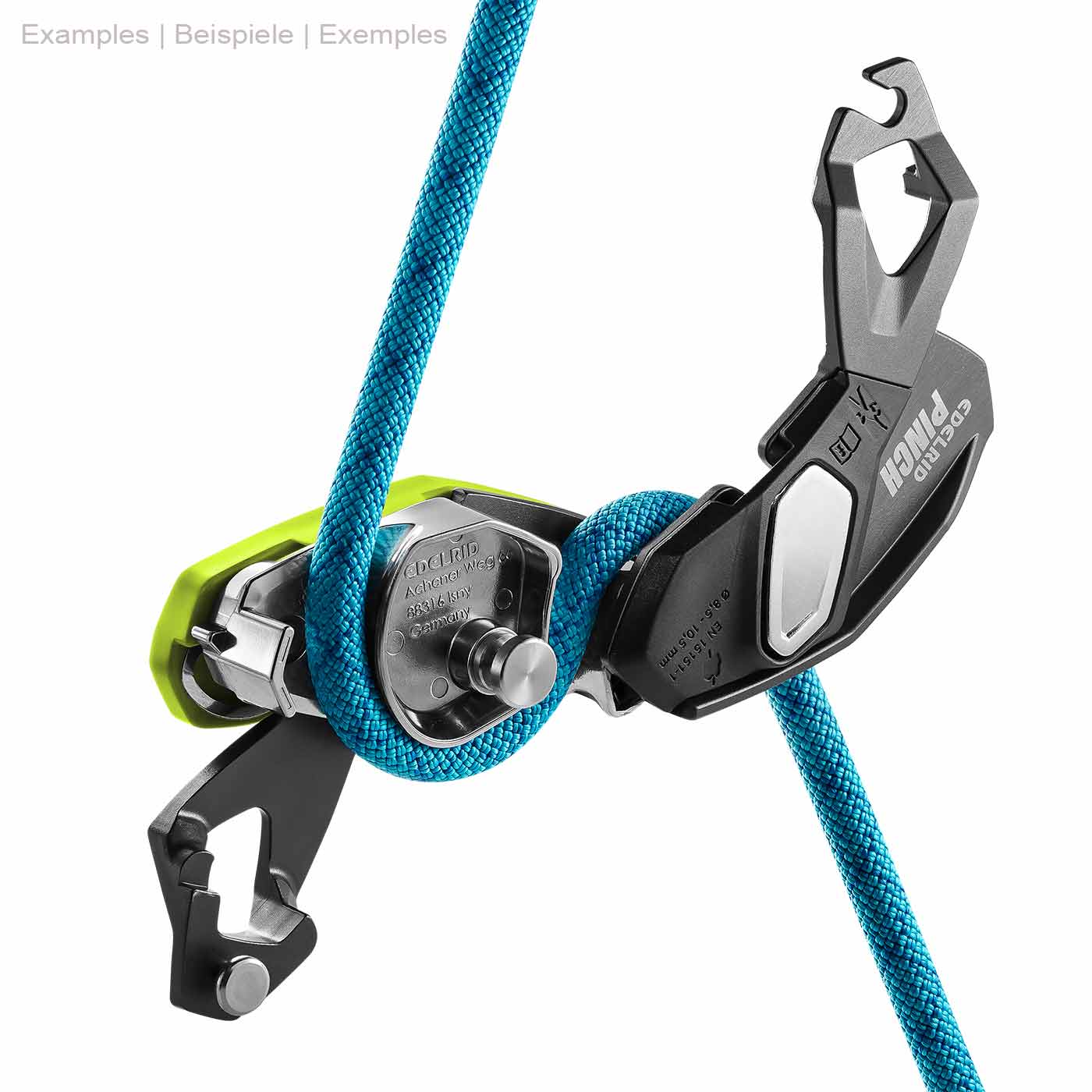 Klettergerät Pinch von Edelrid in Schwarz und Grün mit blauem Seil, ohne sichtbare Umgebung