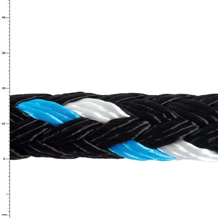 GEFA 4 t PA blau, Nahaufnahme eines geflochtenen Seils in den Farben Schwarz, Blau und Weiß