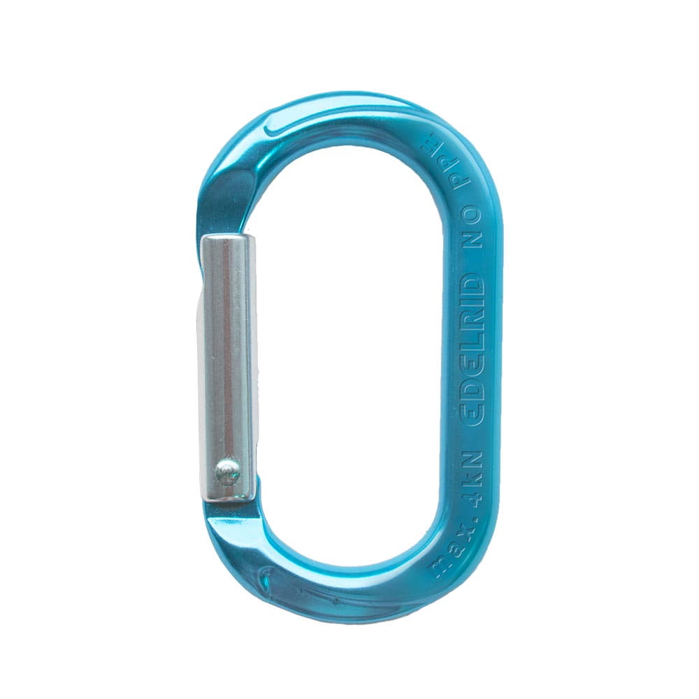 Mini-O Karabinerhaken in Blau mit silberner Verschlussfeder, Hersteller nicht sichtbar