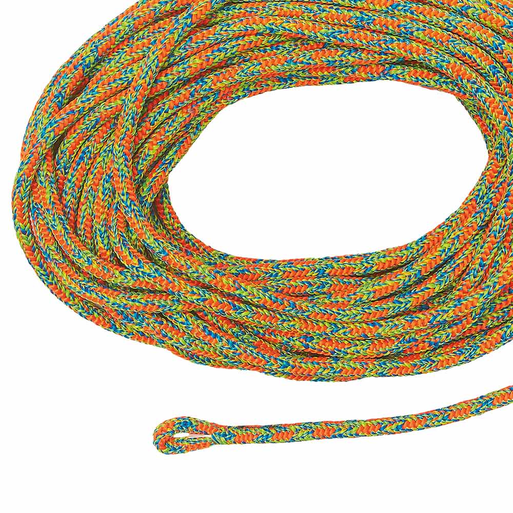 Komora langes, bunt geflochtenes Seil mit orange, grün, blau und gelb, aufgerollt mit sichtbarer Schlaufe am Ende