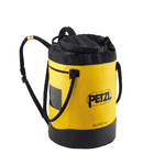 Runder gelber und schwarzer Petzl Bucket 45 mit zwei schwarzen Tragegurten und einem schwarzen Kordelverschluss oben