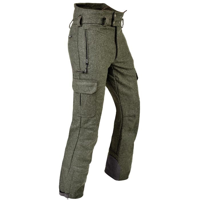 Lodenhose in grün mit mehreren Taschen, Reißverschlüssen und verstärktem Bereich am Beinabschluss