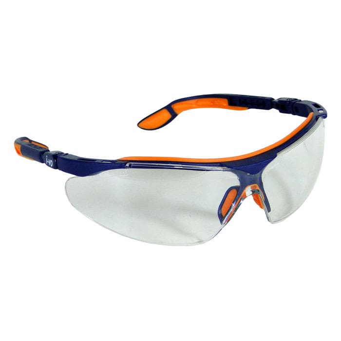 Uvex i-vo Schutzbrille mit klarem Glas und blau-orangem Rahmen