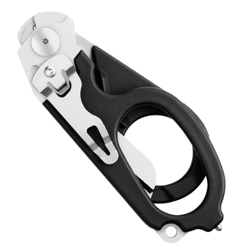 Geschlossene Leatherman Raptor Rettungsschere mit schwarzem Griff und sichtbaren Metallteilen