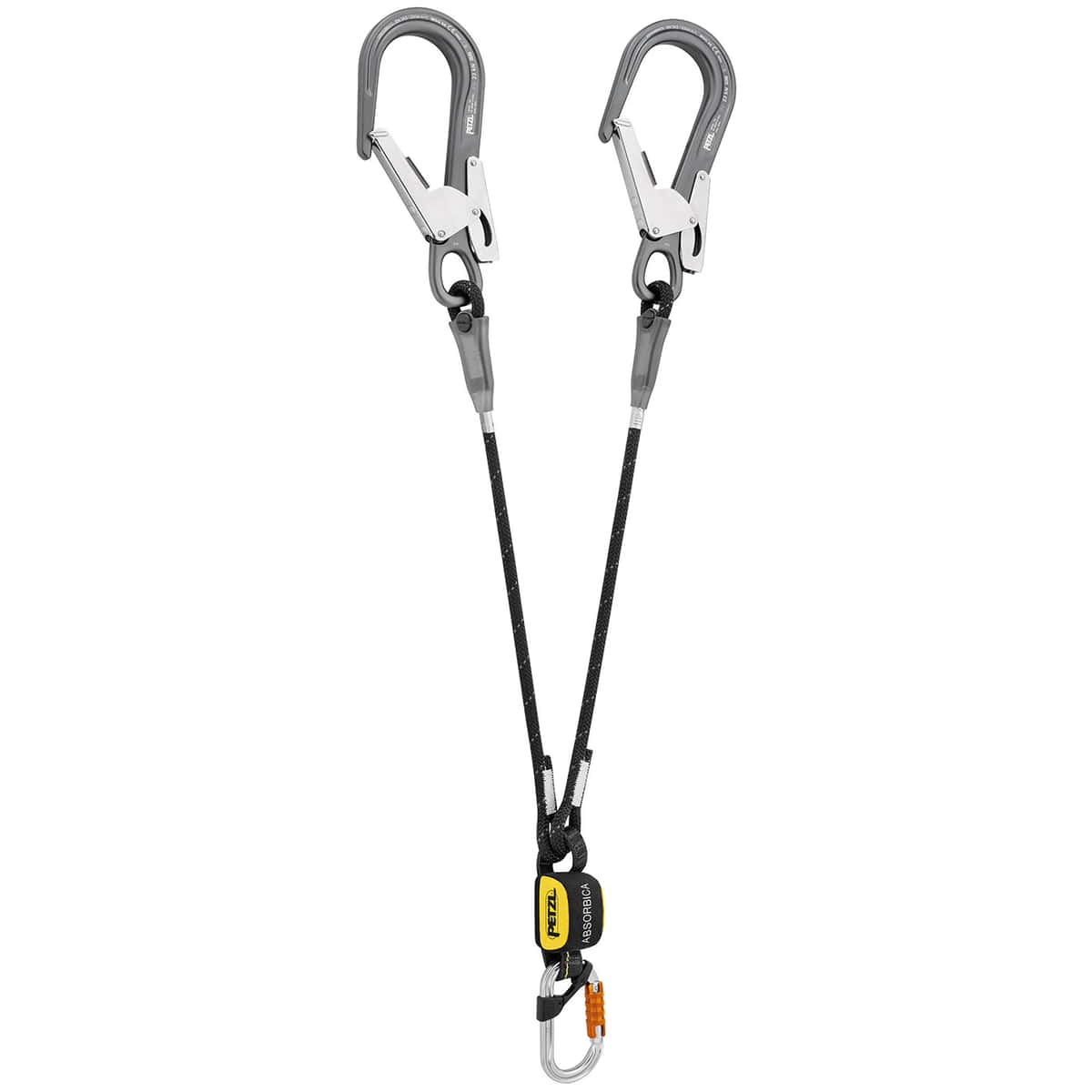 Absorbica-Y MGO von Petzl, ein Y-förmiges Verbindungsmittel mit zwei grauen Karabinern und schwarzem Seil