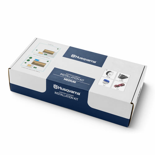 Automower Installations-Kit M von Husqvarna, weiße und blaue Verpackung mit Produktinformationen und Illustrationen
