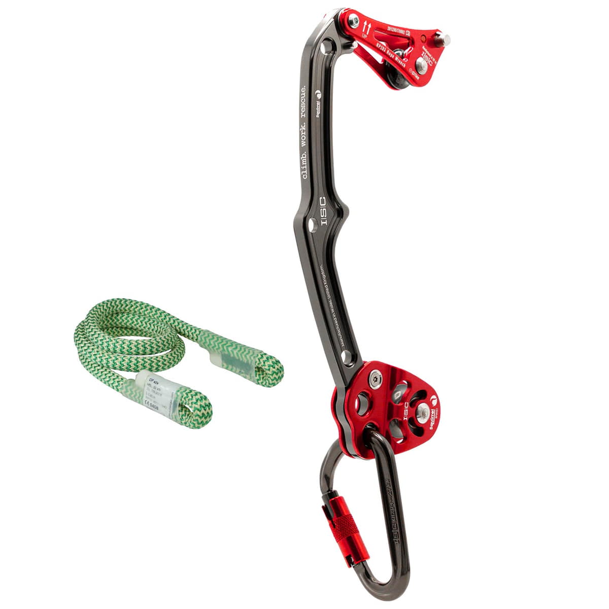 Rope Wrench Squirrel PPE Regulations System Kit mit rotem und schwarzem Metallgerät, grün-weißem Seil und schwarzem Karabiner von ISIC, daneben grünes Seil mit weißen Enden