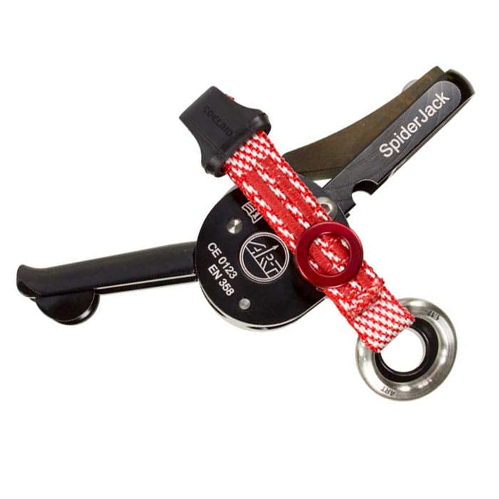SpiderJack 2.1 Dyneema von Climb-Art, schwarzes Sicherungsgerät mit rotem und weißem Seil, rotem Metallring und Beschriftung