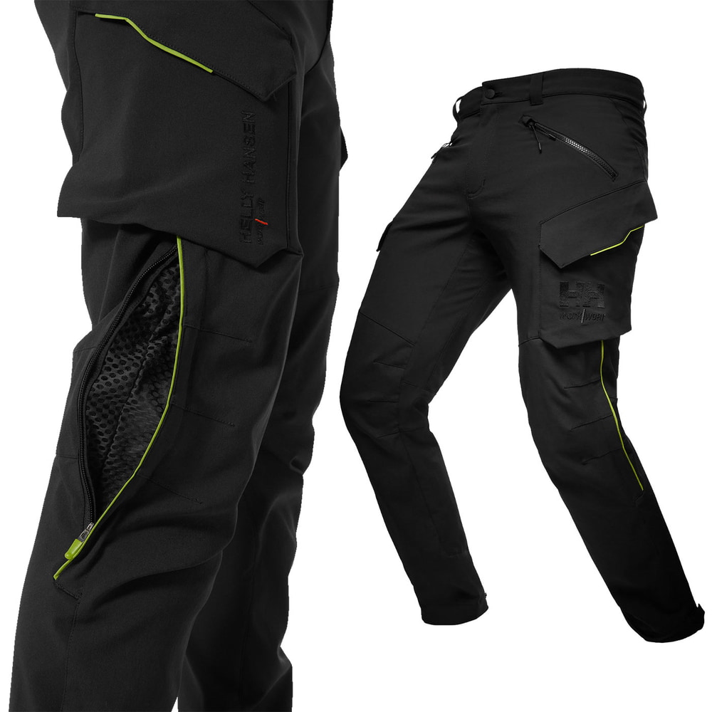 Magni Evolution Cargohose, Detailansicht der schwarzen Arbeitshose mit Reißverschluss und grüner Paspelierung an der Seite
