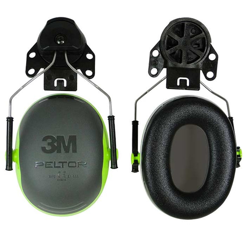 Gehörschutz X4 Plug von 3M Peltor in Grau und Grün, mit schwarzem Bügel und Polsterungen, Ansicht von vorne mit sichtbarem 3M-Logo und Ansicht von hinten mit schwarzem Innenpolsterung