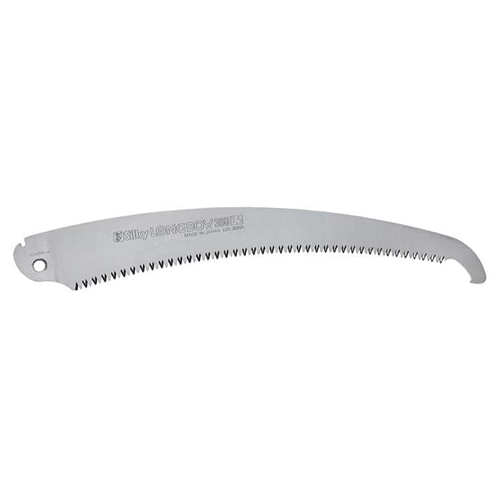 Longboy Sägeblatt, gebogenes silbernes Sägeblatt mit Zähnen und Loch an einem Ende