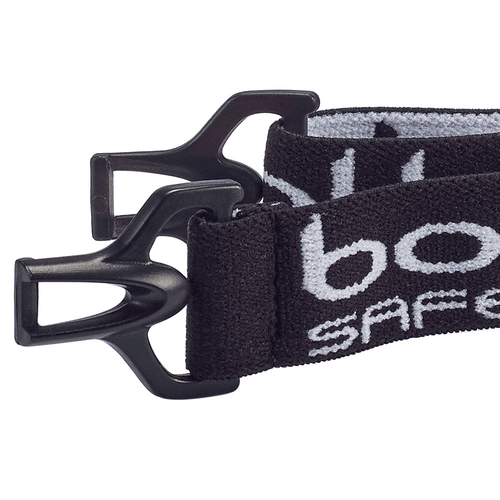 Nahaufnahme des schwarzen Verschlusses und des schwarzen Gummibands mit weißer Aufschrift "bollé SAFETY" des Baxter Ersatzteil-Kits
