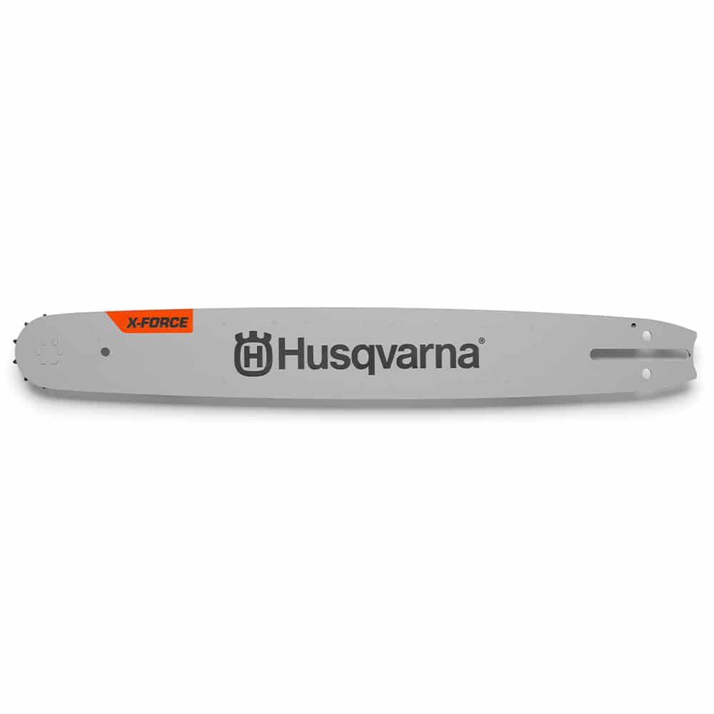 X-Force Schiene 18 / 3/8 SM von Husqvarna, graue Schiene mit schwarzem Husqvarna-Logo und orangefarbenem X-Force Schriftzug, Seitenansicht ohne Kette