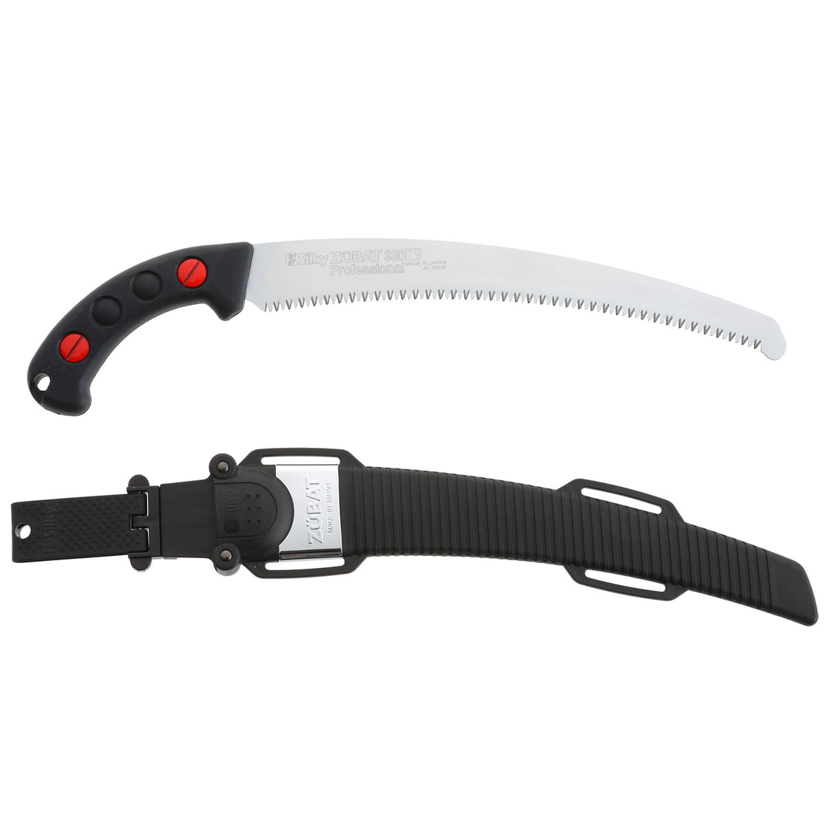 Silky Zübat 330-7.5 Handsäge mit schwarzem Griff und rotem Schraubverschluss, dazu schwarze Kunststoffscheide mit Metallbeschlag und Aufhängeschlaufen
