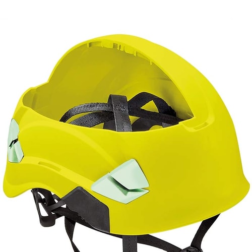 Petzl Vertex Vent Hi-Viz Helm in Gelb von hinten mit schwarzen Gurten und reflektierenden weißen Aufklebern